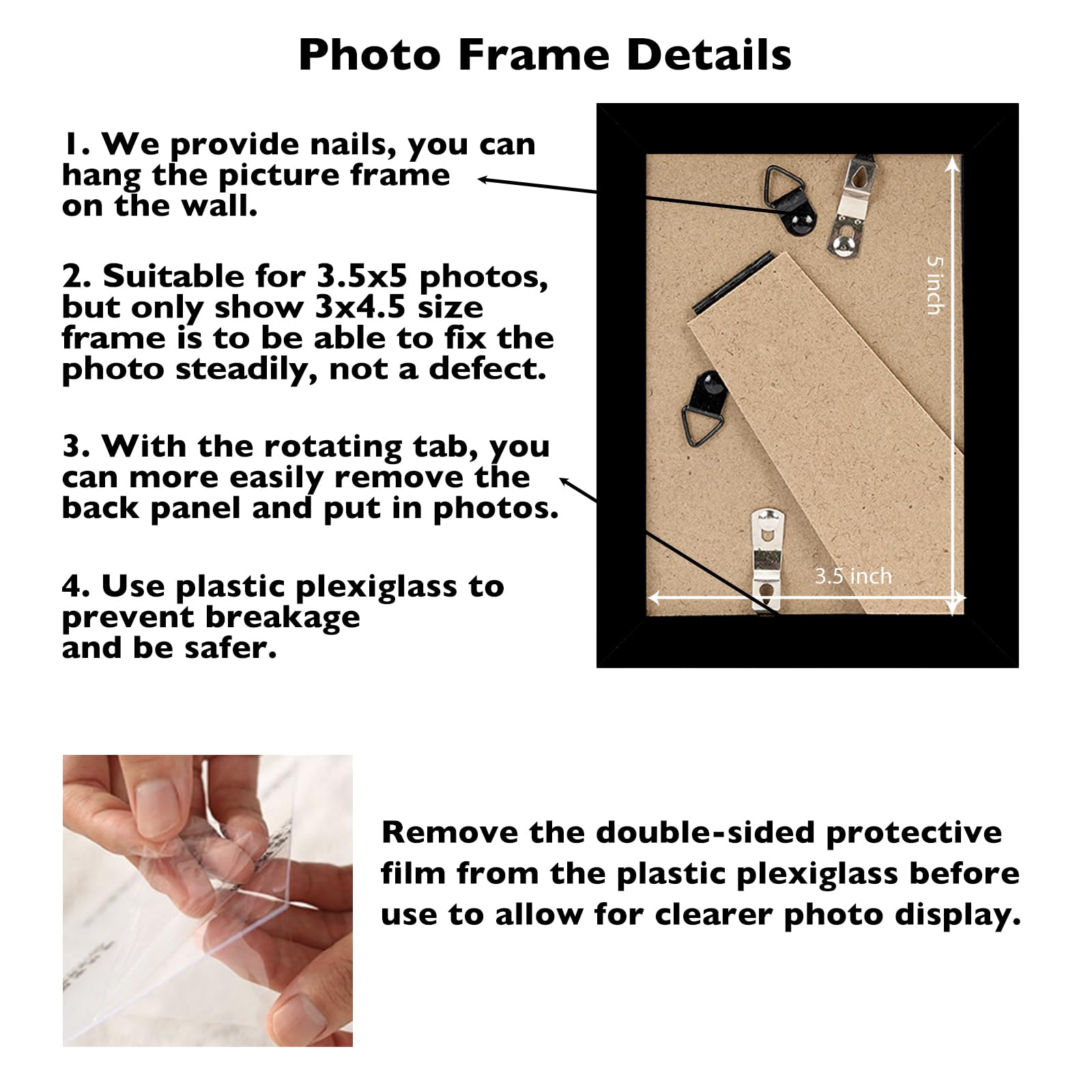 JCJMY 3.5x5 Picture Frame Black for Wall or Tabletop, 3.5 x 5 Wall Gallery Poster Photo Frame with Shatter Resistant Plexiglass,